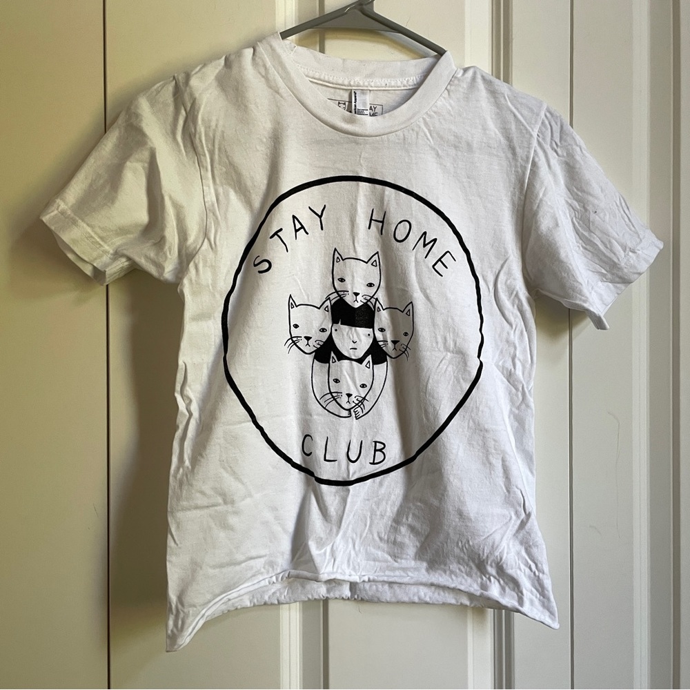 Sold euc Stay home club white cat t-shirt